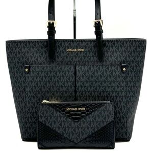 Michael Kors Jet Set Medium Pocket Tote Bag & Double Zip Wallet Black Multi